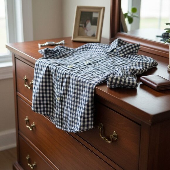 Sonoma Mens Medium Navy & White Gingham Button-Down Shirt - Picture 2 of 6